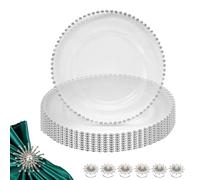 Trimming Shop Paquete combinado de platos de cristal transparente con cuentas plateadas de 13 pulgadas con servilleteros de diamantes de perla, perfectos para bodas, cenas, eventos, mesas y