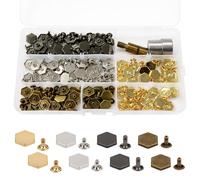 Trimming Shop Paquete de patas hexagonales de 12 mm con troquel y caja de almacenamiento, 100 piezas de metal para bolso y patas de bolso, remaches hexagonales para manualidades de cuero, fabricación