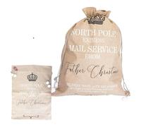 Trimming Shop Saco de Papá Noel extra grande beige 'North Pole Express Mail Service' | Bolsa de regalo de arpillera de 60 x 80 cm con cierre de cordón | Almacenamiento festivo para regalos de Navidad,