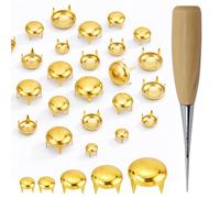 Trimming Shop Tachuelas redondas doradas de 7 mm, 9 mm, 12 mm con puntas y herramienta de punzón, remaches de metal para manualidades, bolsos, ropa, tapicería, kit de adornos punk, 600 piezas