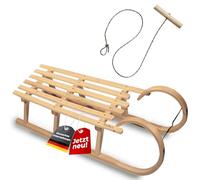 Trineo con cuernos de 120 cm - Trineo de madera de haya para 2 personas - Trineo con cuernos con cuchillas de acero - Cuerda de tracción gratis