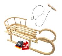 Trineo de 100 cm con respaldo de madera, trineo de madera de haya maciza, trineo con cuchillas de acero suave, incluye cuerda de tracción y mango de madera
