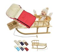 Trineo de madera con respaldo y cuerda de tracción + saco universal de invierno (90 cm), adecuado para portabebés, cochecito, silla de paseo, lana UNI (rojo)