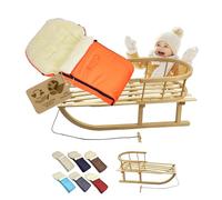 Trineo de madera con respaldo y cuerda de tracción + saco universal de invierno (90 cm), adecuado para portabebés, cochecito, cochecito de bebé, lana UNI (naranja)
