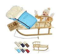 Trineo de madera con respaldo y cuerda de tracción + saco universal de invierno (90 cm), adecuado para portabebés, cochecito, silla de paseo, lana UNI (turquesa)