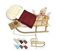 Trineo de madera con respaldo y cuerda de tracción + saco universal de invierno (90 cm), adecuado para portabebés, cochecito, silla de paseo, lana UNI (burdeos)