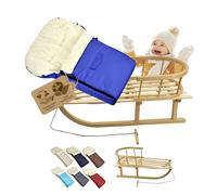Trineo de madera con respaldo y cuerda de tracción + saco universal de invierno (90 cm), adecuado para portabebés, cochecito, silla de paseo, lana UNI (azul)