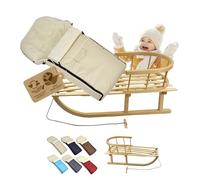 Trineo de madera con respaldo y cuerda de tracción + saco universal de invierno (90 cm), también adecuado para portabebés, cochecito, cochecito de bebé, de lana UNI (beige)