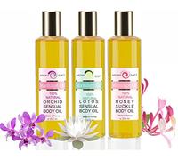 TRIO Aceites de Masaje Hidratantes Orchidea, Loto y Madresilva 100% Natural - Relajación y Después del baño 3x 200 ml - made in France