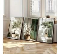 Trío de impresiones de olivos sobre lienzo, combinación de pinturas, paisaje mediterráneo soleado, puertas verdes y plantas en maceta (50 x 75 cm, 3 piezas)