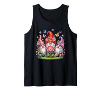 Trío de tres gnomos caprichosos flores y mariposas en flor Camiseta sin Mangas