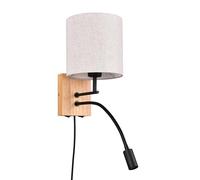 Trio Lámpara de pared Nilam 212879236, madera natural, tela de pantalla, excl. 1x E27, brazo de lectura incl. LED de 3,1 vatios, Flex Connect