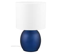 Trio Leuchten Lámpara de mesa VELA 517900112, base de cristal azul, pantalla de tela blanca, excl. 1x E14