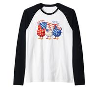 Trío patriótico de Pollo 4 de Julio USA Farm Animal Art Camiseta Manga Raglan