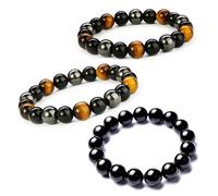 Triple Protección 3 Piezas, Pulsera Elástica 8/10 mm de Ojos de Tigre, Obsidiana y Piedras Naturales - Amuletos Unisex para Yoga y Regalos