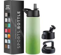 Triple Walled, Insulated Water Bottles with Straw - Stainless Steel Metal Bottle W/ 3 Leak Proof Lids - For Travel, School, Sports, Gym/Men, Women & Kids (Dreamy Green, 750 ml)