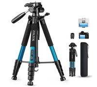 Trípode de cámara, 190,5 cm, aluminio resistente, mando Bluetooth, ,para DSLR, móvil, tableta, proyector, cabezal panorámico de 3 vías, placa de liberación rápida, plegable, carga máx. 6,8 k, azul