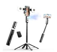 Trípode de palo selfie de seguimiento facial automático para iPhone, rotación de 360 grados que sigue la cara y el movimiento (soporte 3 en 1 de luz de 2 anillos)