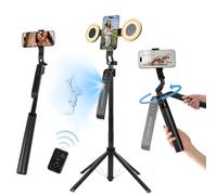 Trípode de seguimiento facial automático de 71 pulgadas, rotación de 360° con soporte y luz, soporte para cámara de teléfono con control remoto y gestos, palo selfie extensible para