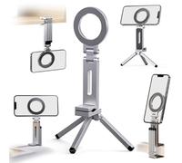 Trípode magnético para teléfono móvil, 3 en 1, de aluminio, para smartphone, plegable, con rosca de 1/4 pulgadas, soporte de escritorio para iPhone 17, 16, 15, 14, 13, 12 (gris)