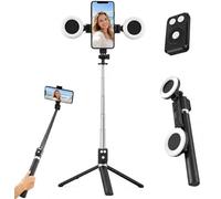 Trípode negro para iPhone con luz, soporte de anillo para iPhone, soporte ajustable para palo selfie con luz de relleno, trípode de teléfono extensible para grabación de video, transmisión en vivo y
