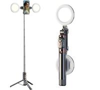 Trípode para selfie con luz de relleno, palo selfie rosa para teléfono, soporte de trípode extensible para teléfono, soporte estable de tres patas para transmisiones en vivo, grabación de video (negro