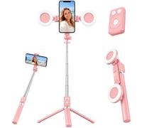 Trípode para selfie con luz y control remoto Bluetooth, mini trípode extensible de 67 pulgadas para iPhone, Samsung Android, palo selfie inalámbrico 6 en 1 para TikTok YouTube Live Streaming (rosa)