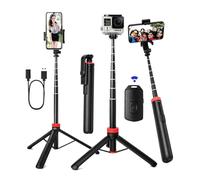 Trípode portátil de 66 pulgadas para iPhone y cámara, con control remoto recargable y soporte giratorio para teléfono, palo selfie para iPhone/GoPro y cámaras (rojo, 66 pulgadas)