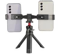 Trípode portátil dual para teléfono con soporte de cabeza esférica, abrazaderas ajustables, negro y rojo, para juegos y transmisión en vivo
