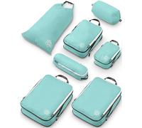 TRIPPED Travel Gear Organizador de equipaje de compresión grande para viajes, paquete de 7 piezas, ultraligero, expandible/bolsa de compresión para ropa (verde azulado/blanco)