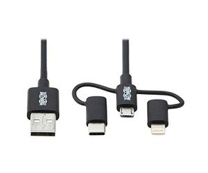 TrippLite by Eaton Cable Universal USB-A a Lightning, USB Micro-B y USB-C de sincronización/Carga (M/3xM), Certificado MFi, Negro, 6 pies (6 pies)