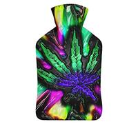 Trippy - Botella de agua de goma de hoja psicodélica con cubierta de felpa suave, bolsa de agua caliente para invierno, manos y pies, protección contra el frío, 1000 ml