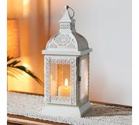 TRIROCKS Farol de Metal Estilo Rústico 32cm Alto, Soporte de Vela Colgante con Vidrio Transparente para Sala, Jardín, Patio y Eventos (Crema)