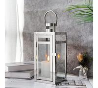 TRIROCKS Farol Decorativo de Acero Inoxidable 30cm Alto, Soporte para Vela Colgante con Paneles de Vidrio Transparente, Ideal para Decoración de Sala y Eventos (Plata)
