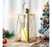 TRIROCKS Farol Decorativo de Acero Inoxidable 30cm Alto, Soporte para Vela con Vidrio Templado, Ideal para Decoración de Sala y Eventos (Dorado)