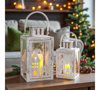 TRIROCKS Farol decorativo para velas de metal vintage de 6 y 11 pulgadas de alto, juego de 2 faroles para exteriores, para jardín, sala de estar, interior y exterior (gris con cepillo dorado)