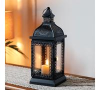 TRIROCKS Farol Estilo Rústico Metálico Colgante, Soporte de Vela Decorativo con Vidrio Templado para Navidad, Sala, Jardín y Eventos (Negro)
