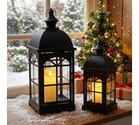 TRIROCKS Juego de 2 faroles decorativos vintage de 51,5 cm de alto, portavelas colgantes con vidrio templado para interiores y exteriores, hogar, patio, jardín, boda, eventos, fiestas (negro)