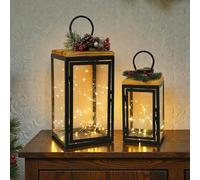 TRIROCKS Juego de 2 faroles grandes desacorativos modernos de metal negro para interiores y exteriores, faroles vintage para decoración del hogar, manto, patio, porche, jardín, mesa de boda