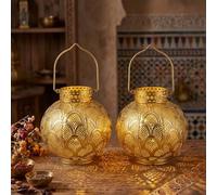TRIROCKS Juego de 2 lámparas de mesa marroquíes que funcionan con pilas, linternas inalámbricas de metal dorado de 28 cm con bombilla LED incluida, decoración colgante o de mesa para sala de estar