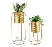 TRIROCKS Juego de 2 macetas grandes doradas con soporte para plantas de interior de 26 y 18 pulgadas de alto, maceta moderna para sala de estar, esquina, cocina, oficina, jardín, balcón, decoración de