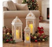 TRIROCKS Juego de 3 faroles decorativos grandes de 56 cm, 41 cm y 28 cm de alto, portavelas de metal vintage para jardín, patio, bodas, fiestas, eventos, interiores y exteriores (beige con cepillo