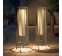 TRIROCKS Lámpara de pie para exteriores, 2 piezas, linterna solar de mimbre, lámpara solar de patio con cuerda Olifen, impermeable, ratán exterior, luz solar para patio, jardín, césped (gris)