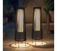 TRIROCKS Lámpara de pie para exteriores, 2 piezas, linterna solar de mimbre, lámpara solar de patio con cuerda Olifen, impermeable, ratán exterior, luz solar para patio, jardín, césped (negro)