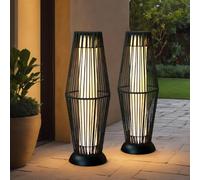 TRIROCKS Lámpara de pie para exteriores, 2 unidades, lámpara solar de mimbre con cuerda Olifen, impermeable, de ratán exterior, luz solar LED para porche, patio, camino, terraza, jardín, césped, patio