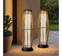 TRIROCKS Lámpara solar de pie para exteriores, 2 unidades, linterna solar de mimbre con cuerda Olifen, impermeable, ratán exterior, luz solar LED para porche, patio, camino, terraza, jardín, césped