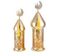 TRIROCKS Ramadan Lanterns - Juego de 2 portavelas eléctricos Dorados de 29 cm y 36 cm con Temporizador, faroles Decorativos de Metal Vintage para decoración de Interiores y Exteriores