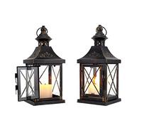 TRIROCKS Set de 2 Faroles Decorativos 27cm Alto, Lámparas Colgantes de Metal para Sala, Fiestas y Eventos, Ideal para Interior y Exterior (Negro con Toque Dorado)