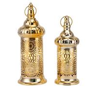TRIROCKS Set de 2 Faroles Metálicos Decorativos de Ramadán 32 cm y 25 cm Altos, Soportes de Vela Eléctricos Dorados con Temporizador para Decoración Interior y Exterior (Eid Mubarak)