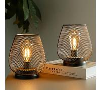TRIROCKS Set de 2 Lámparas de Mesa Metálicas a Batería 17 cm Altas, Faroles en Forma de Jaula con Luz LED Edison para Patio, Jardín, Bodas y Eventos (Marrón)